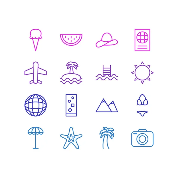 illustration of 16 season icons line style. Editable set of camera, watermelon, starfish and other icon elements.