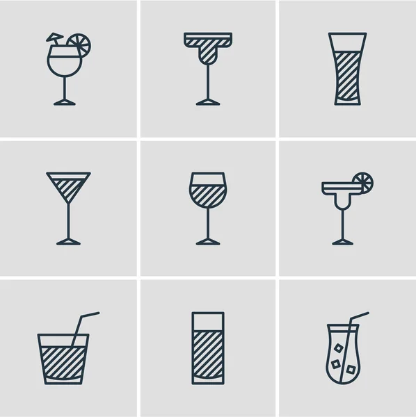 Иллюстрация 9 иконок напитков в стиле линии. Столовый набор из мартини, коктейля, напитка и других знаковых элементов . — стоковое фото