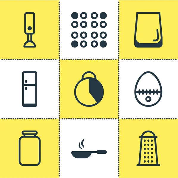 Ilustração de 9 ícones de utensílios de cozinha. Conjunto editável de frigideira, geladeira, fogão elétrico e outros elementos de ícone . — Fotografia de Stock