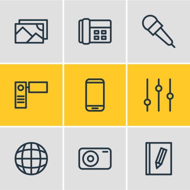 9 müzik simgeleri çizgi stili vektör Illustration. Smartphone, mike, ayarları ve diğer simge öğeleri düzenlenebilir kümesi.