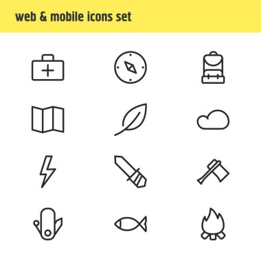 12 kamp simgeleri çizgi stili vektör Illustration. Yaprak, bıçak, harita ve diğer simge öğeleri düzenlenebilir kümesi.