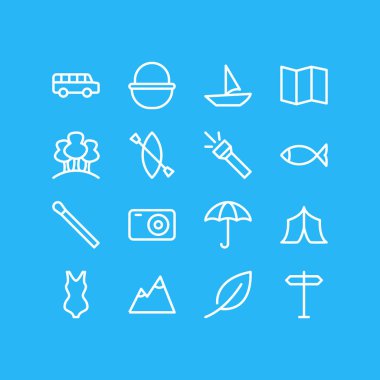 16 Turizm simgeler çizgi stili vektör Illustration. Harita, orman, bikini ve diğer simge öğeleri düzenlenebilir kümesi.