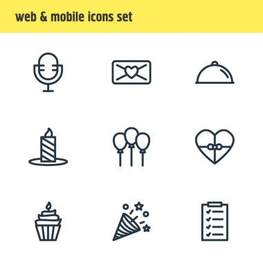 9 tatil simgeler çizgi stili vektör Illustration. Düzenlenebilir dizi mum, kalp hediye, konfeti simgesi öğeleri.