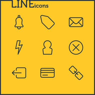 9 app simgeleri çizgi stili vektör Illustration. Kredi kartı, posta, yakın ve diğer simge öğeleri düzenlenebilir kümesi.