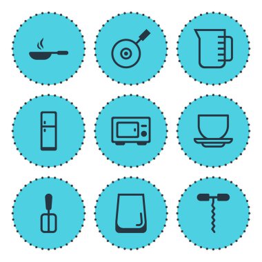 9 yemek simgeler vektör Illustration. Mikrodalga, spatula, su cam ve diğer simge öğeleri düzenlenebilir kümesi.