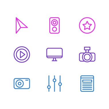 9 medya simgeleri çizgi stili vektör Illustration. Düzenlenebilir küme ayarları, imleç, favori ve diğer simge öğeleri.