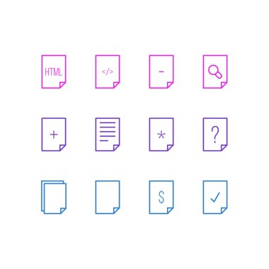 12 belge simgeleri çizgi stili vektör Illustration. Kaldır, arama, dosya ve diğer simge öğeleri düzenlenebilir kümesi.