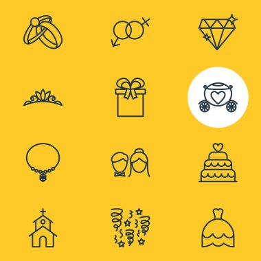 12 nişan simgeler çizgi stili vektör Illustration. Elmas, havai fişek, kolye ve diğer simge öğeleri düzenlenebilir kümesi.