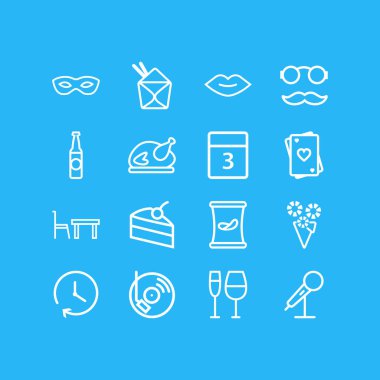 16 kutlama simgeler çizgi stili vektör Illustration. Mikrofon, buket, iskambil ve diğer simge öğeleri düzenlenebilir kümesi.