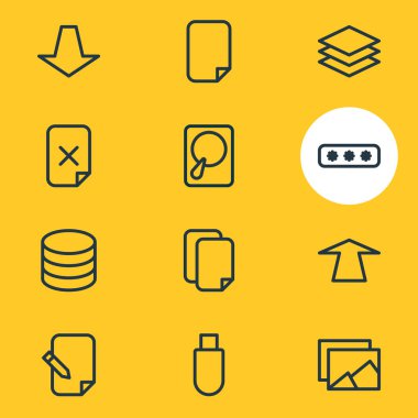12 depolama simgeler çizgi stili vektör Illustration. Düzenlenebilir kopya, bellek, parola ve diğer simge öğeleri kümesi.