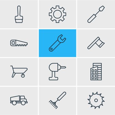 12 sanayi simgeleri çizgi stili vektör Illustration. Fırça, testere, İngiliz anahtarı ve diğer simge öğeleri düzenlenebilir kümesi.