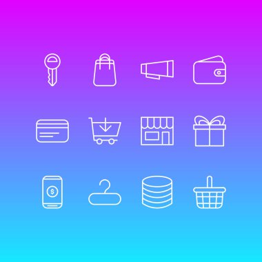 12 Ticaret simgeler çizgi stili vektör Illustration. Hediye, Dükkanı, sikke ve diğer simge öğeleri düzenlenebilir kümesi.