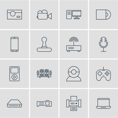 16 donanım simgeleri çizgi stili vektör Illustration. Joystick, dizüstü bilgisayar, hoparlörleri ve diğer simge öğeleri düzenlenebilir kümesi.