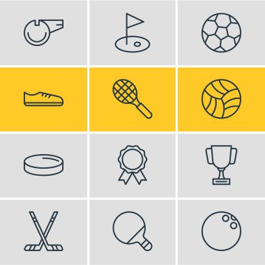 12 atletik simgeleri çizgi stili vektör Illustration. Futbol, flama, ping ve diğer simge öğeleri düzenlenebilir kümesi.