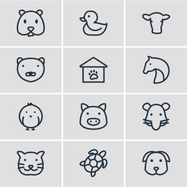 12 fauna simgeler çizgi stili vektör Illustration. At, inek, kedi ve diğer simge öğeleri düzenlenebilir kümesi.