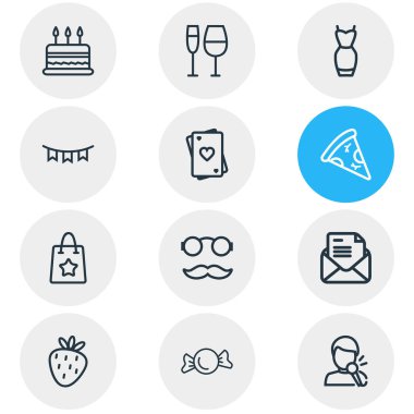 12 olay simgeler çizgi stili vektör Illustration. Pasta, şarkı söyleyen adam, çilek ve diğer simge öğeleri düzenlenebilir kümesi.