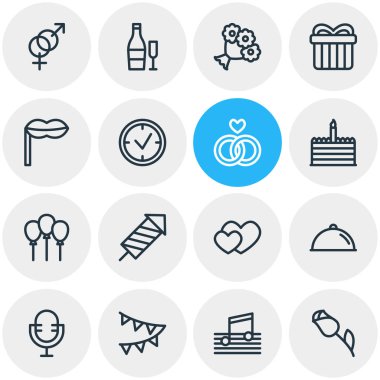 16 tatil simgeler çizgi stili vektör Illustration. Maske, kalp, Doğum günü pastası ve diğer simge öğeleri düzenlenebilir kümesi.