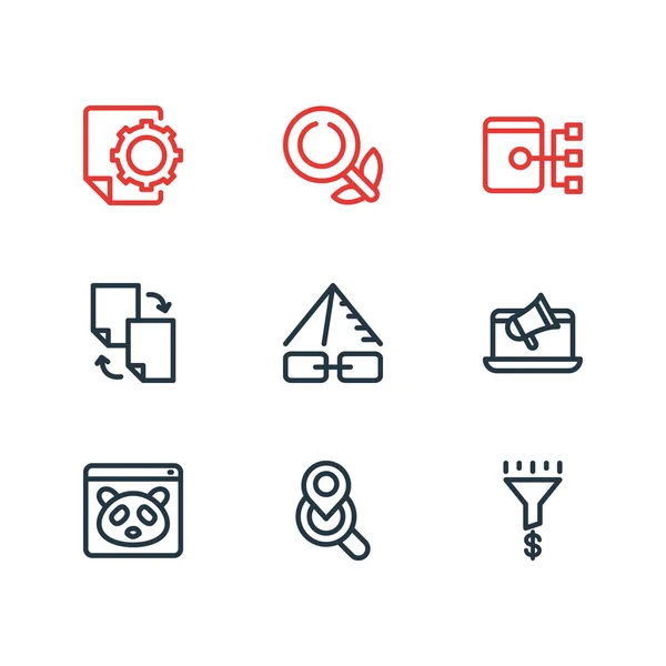 Ilustración vectorial de 9 iconos de publicidad estilo de línea. Conjunto editable de mapa del sitio, informe SEO, conversión de tráfico y otros elementos del icono . — Archivo Imágenes Vectoriales