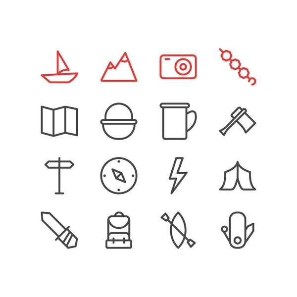 Vectorillustratie 16 camping pictogrammen lijnstijl. Tent, boot, mand en andere elementen van het pictogram bewerkbaar set. — Stockvector