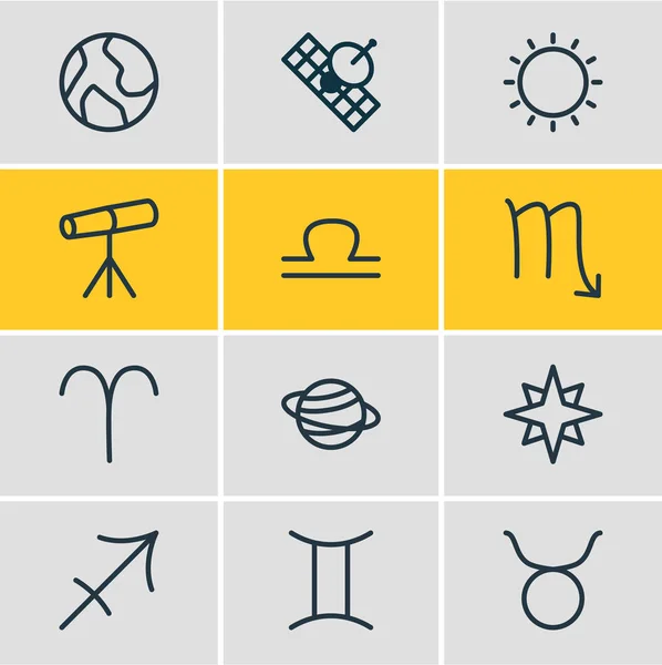 Ilustración vectorial de 12 iconos de constelación estilo de línea. Conjunto editable de planeta, estrella, aries y otros elementos del icono . — Archivo Imágenes Vectoriales