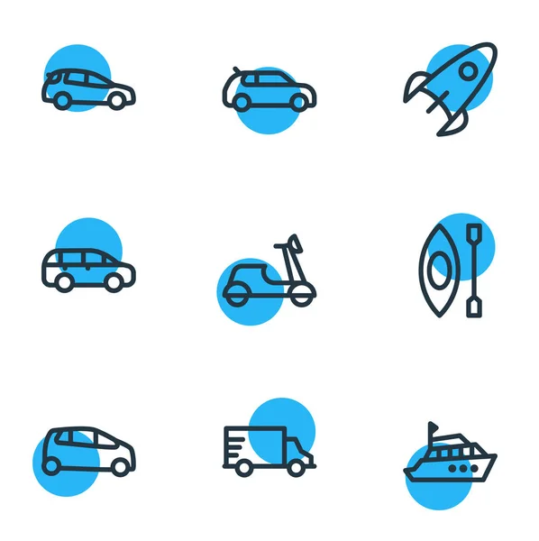 Векторная иллюстрация стиля линии 9 транзитных иконок. Набор из супермини, компактного автомобиля, байдарки и других знаковых элементов . — стоковый вектор