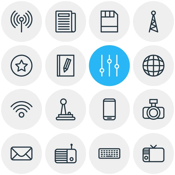 Ilustración vectorial de 16 iconos de medios estilo de línea. Conjunto editable de tv, disquete, teclado y otros elementos del icono . — Vector de stock