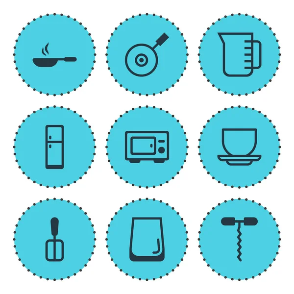 Ilustração vetorial de 9 ícones de cozinha. Conjunto editável de microondas, espátula, vidro de água e outros elementos de ícone . —  Vetores de Stock