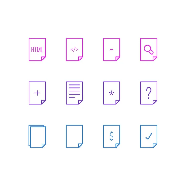 Illustration vectorielle de 12 icônes de document style ligne. Ensemble modifiable d'éléments supprimer, rechercher, fichier et autres icônes . — Image vectorielle