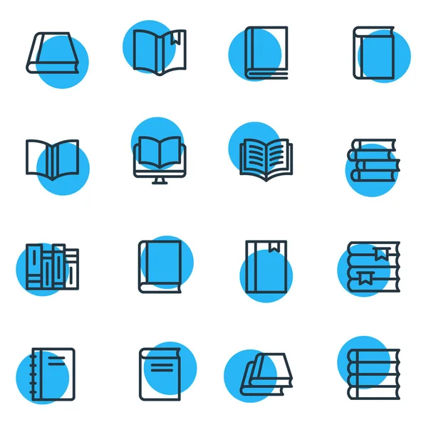 Векторная иллюстрация 16 книжных иконок линейного стиля. Набор таблиц, тетрадей, публикаций и других элементов иконок . — стоковый вектор