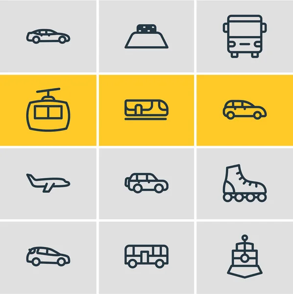 Illustrazione vettoriale di 12 icone di trasporto stile linea. Set modificabile di medio suv, pattini a rotelle, sottoterra e altri elementi icona . — Vettoriale Stock