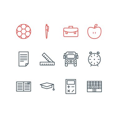 12 Eğitim simgeler çizgi stili vektör Illustration. Cetveller, evrak çantası, alarm ve diğer simge öğeleri düzenlenebilir kümesi.