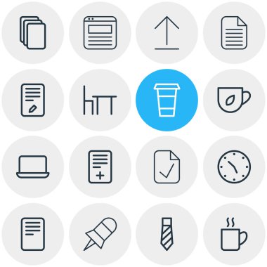 16 office simgeleri çizgi stili vektör Illustration. Tarayıcı sekmesi, kupa kahve, çay ve diğer simge öğeleri düzenlenebilir kümesi.