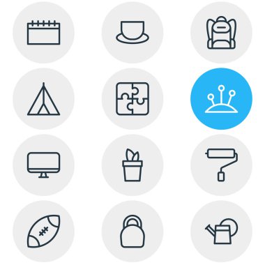 12 yaşam tarzı simgeleri çizgi stili vektör Illustration. Çadır, duvar ressamı, monitör ve diğer simge öğeleri düzenlenebilir kümesi.