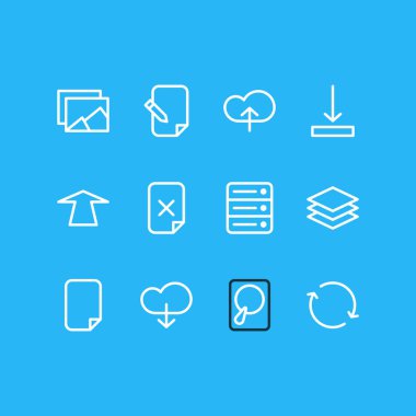 12 depolama simgeler çizgi stili vektör Illustration. Download, albüm, bulut ve diğer simge öğeleri düzenlenebilir kümesi.