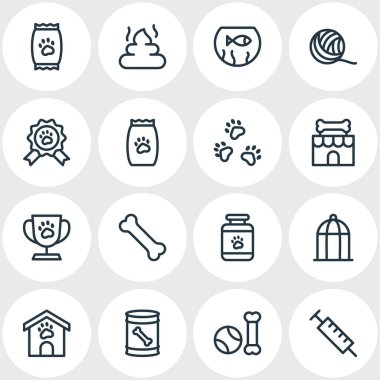 16 hayvan simgeler çizgi stili vektör Illustration. Köpek kulübesi, evde beslenen hayvan kaka, evde beslenen hayvan toys ve diğer simge öğeleri düzenlenebilir kümesi.