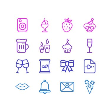 16 olay simgeler çizgi stili vektör Illustration. Bell, öpücük, hoparlör ve diğer simge öğeleri düzenlenebilir kümesi.