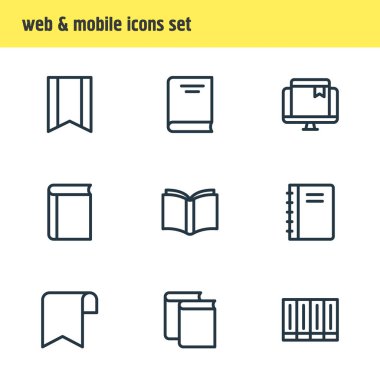 9 kitap simgeleri çizgi stili vektör Illustration. Sarmal kitap, şerit, ders kitabı ve diğer simge öğeleri düzenlenebilir kümesi.