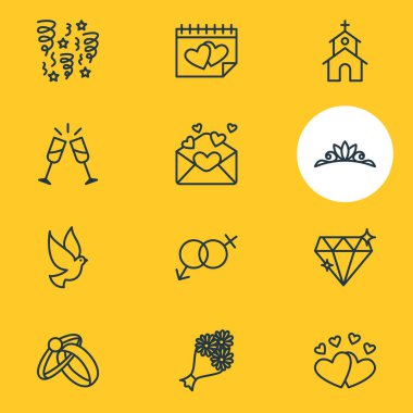12 simgeleri çizgi stili düğün vektör Illustration. Elmas, cinsiyet işaretler, kilise ve diğer simge öğeleri düzenlenebilir kümesi.
