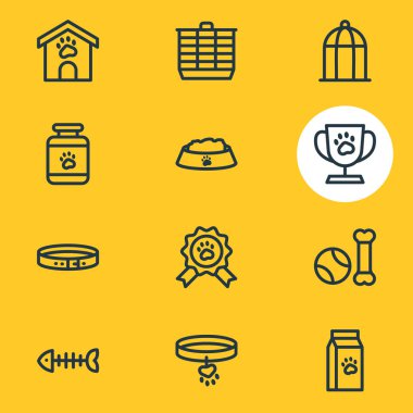 12 evde beslenen hayvan simgeleri çizgi stili vektör Illustration. Kuş kafesi, balık kemik, yaka ve diğer simge öğeleri düzenlenebilir kümesi.
