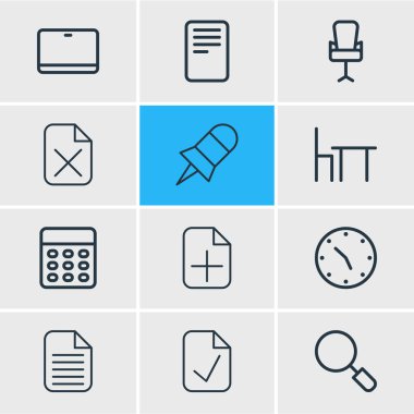 12 büro simgeler çizgi stili vektör Illustration. Ofis koltuğu, belge, PIN ve diğer simge öğeleri düzenlenebilir kümesi.