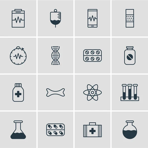 Vektorillustration av 16 medicin ikoner linjeformat. Redigerbara uppsättning diagnostisera, gips, dna och andra ikonen element. — Stock vektor