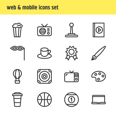 16 boş zaman simgeleri çizgi stili Illustration. Dizüstü bilgisayar, maske, sesli kitap ve diğer simge öğeleri düzenlenebilir kümesi.