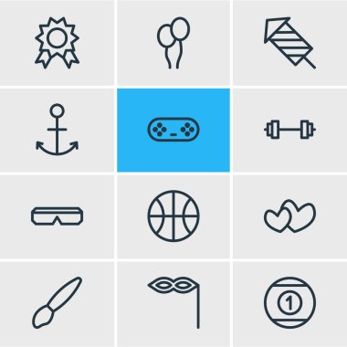 12 boş zaman simgeleri çizgi stili Illustration. Çapa, 3d gözlük, havai fişek ve diğer simge öğeleri düzenlenebilir kümesi.