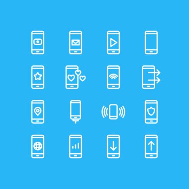 16 telefon simgeleri çizgi stili Illustration. Kamera, mesaj, yıldız ve diğer simge öğeleri düzenlenebilir kümesi.
