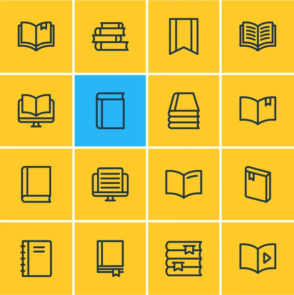 Illustratie van 16 boek pictogrammen lijnstijl. Leerboek, tutorial, artikel en andere elementen van het pictogram bewerkbaar set. — Stockfoto