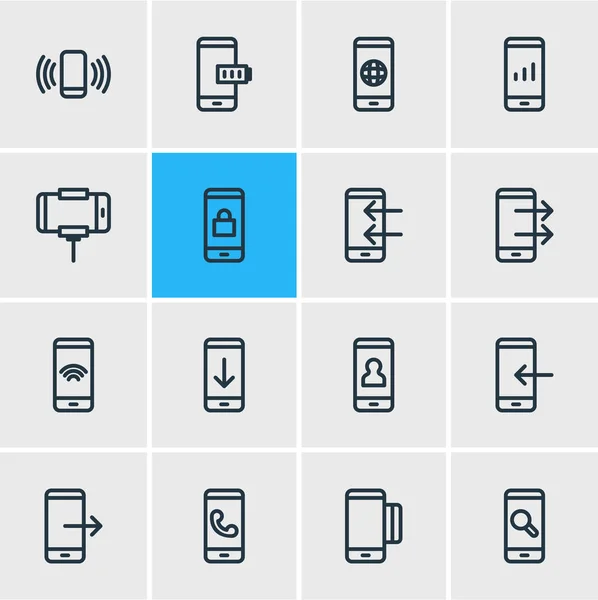 Illustration de 16 icônes smartphone style ligne. Ensemble modifiable de globe, carte de crédit, flèche vers le bas et d'autres éléments d'icône . — Photo