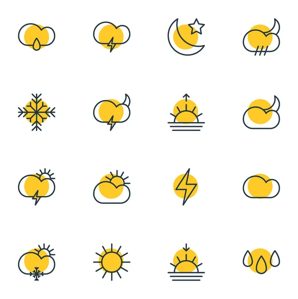 Illustrazione di 16 atmosfera icone stile linea. Set modificabile di elementi di tempesta, sole, neve e altre icone . — Foto Stock