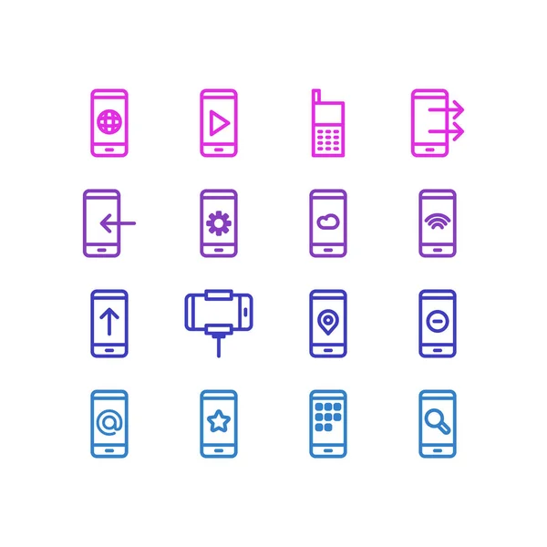 16 telefon simgeleri çizgi stili Illustration. Wifi, belirlemekte, selfie sopa ve diğer simge öğeleri düzenlenebilir kümesi. — Stok fotoğraf