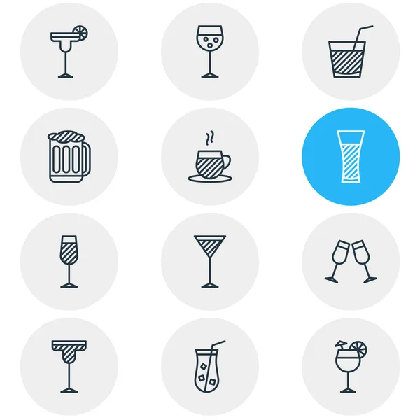 Ilustración de 12 iconos de bebidas estilo de línea. Conjunto editable de bebida, jugo, capuchino y otros elementos del icono . — Foto de Stock