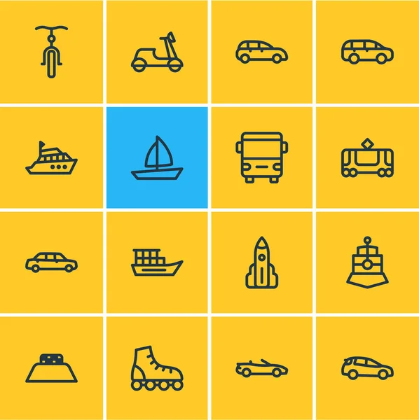 Ilustración de 16 iconos de transporte estilo de línea. Conjunto editable de mpv, bicicleta, lanzadera y otros elementos del icono . — Foto de Stock